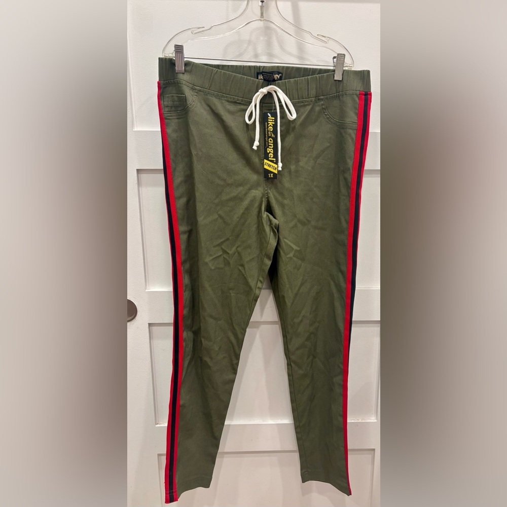 like an angel Olive Green Track Pants with Red & Black Side Stripes